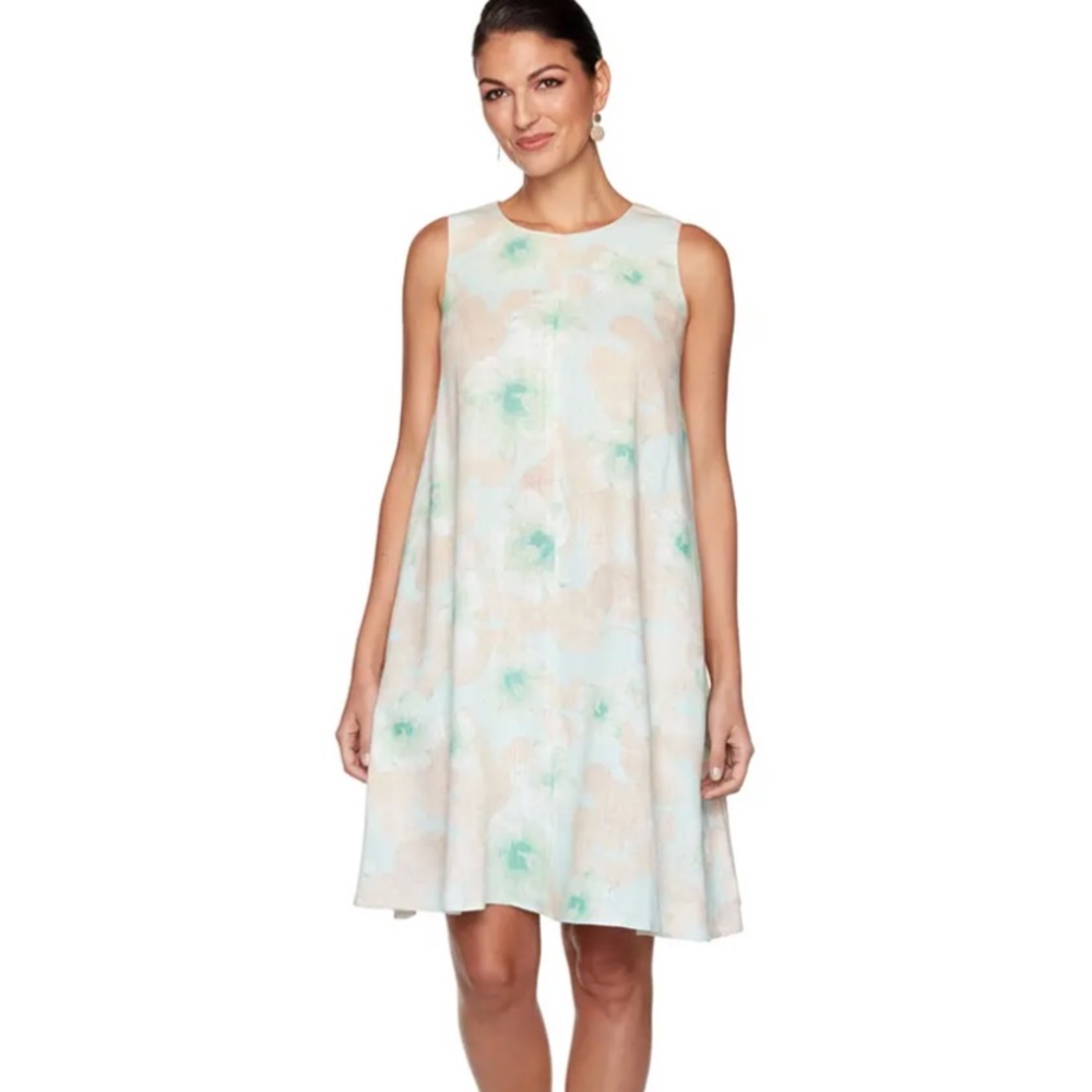 Ruby Rd.Round Neck Floral Shift Dress Sz PM Womens Petite Linen Blend Sleeveless